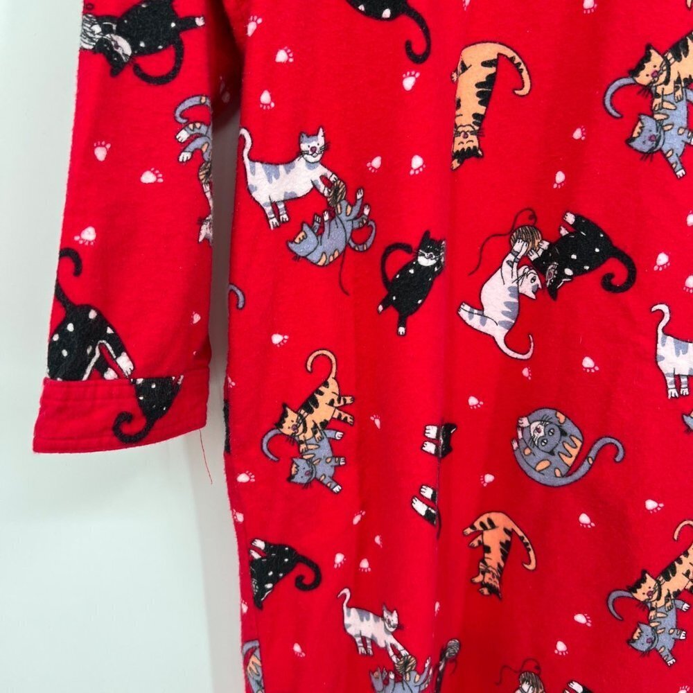 LA CERA Cat Flannel Night Gown Shirt Red Cotton Button Winter Women’s Size Large - Picture 9 of 11